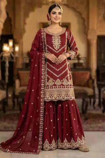 Maroon embroidered chinon sharara set