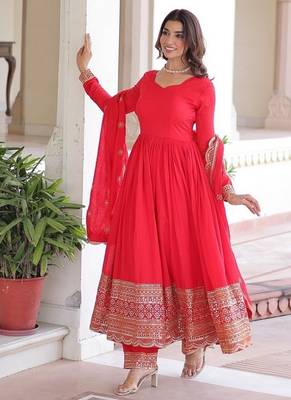 Red zari & sequins embroidered vichitra silk kurta , bottom & dupatta 4