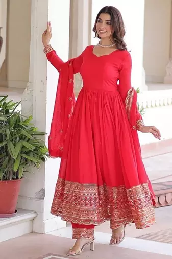 Red zari & sequins embroidered vichitra silk kurta , bottom & dupatta