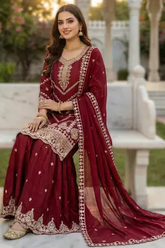 Maroon embroidered chinon sharara set