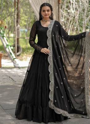 Black zari & sequins embroidered work georgette stitched kurta gown & dupatta 1