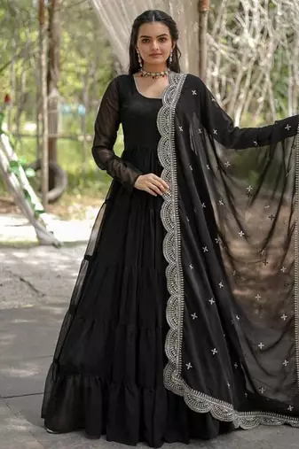 Black zari & sequins embroidered work georgette stitched kurta gown & dupatta