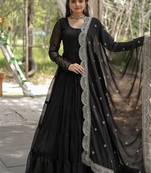 Black zari & sequins embroidered work georgette stitched kurta gown & dupatta