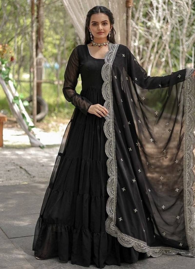 Black zari & sequins embroidered work georgette stitched kurta gown & dupatta