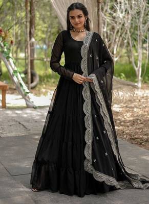 Black zari & sequins embroidered work georgette stitched kurta gown & dupatta 2