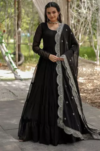 Black zari & sequins embroidered work georgette stitched kurta gown & dupatta