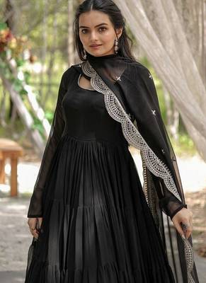 Black zari & sequins embroidered work georgette stitched kurta gown & dupatta 3
