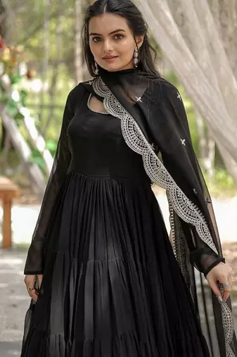 Black zari & sequins embroidered work georgette stitched kurta gown & dupatta