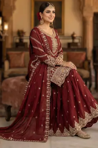 Maroon embroidered chinon sharara set