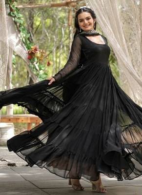 Black zari & sequins embroidered work georgette stitched kurta gown & dupatta 4