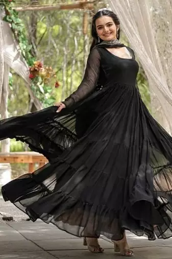 Black zari & sequins embroidered work georgette stitched kurta gown & dupatta