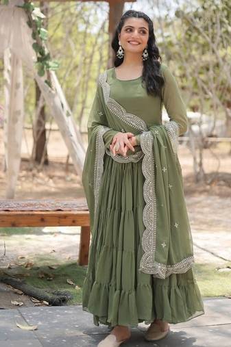 Dark green zari & sequins embroidered georgette Gown & dupatta