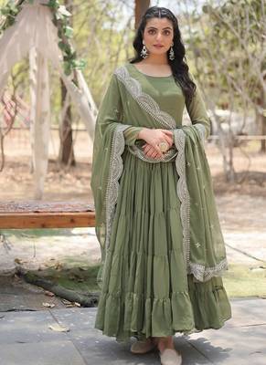 Dark green zari & sequins embroidered georgette Gown & dupatta 2