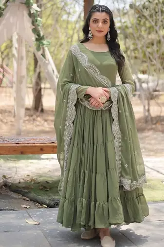 Dark green zari & sequins embroidered georgette Gown & dupatta