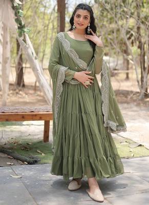 Dark green zari & sequins embroidered georgette Gown & dupatta 3