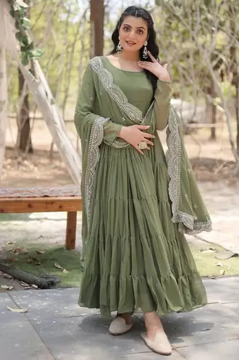 Dark green zari & sequins embroidered georgette Gown & dupatta