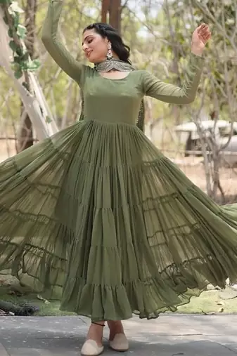 Dark green zari & sequins embroidered georgette Gown & dupatta