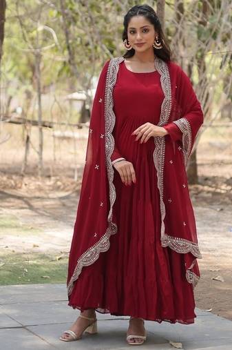 Maroon zari & sequins embroidered georgette Gown & dupatta
