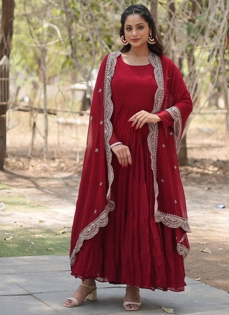 Maroon zari & sequins embroidered georgette Gown & dupatta