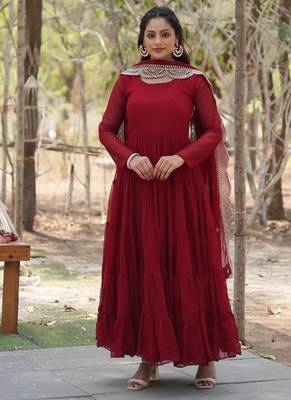 Maroon zari & sequins embroidered georgette Gown & dupatta 2