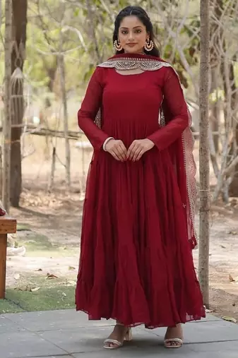 Maroon zari & sequins embroidered georgette Gown & dupatta