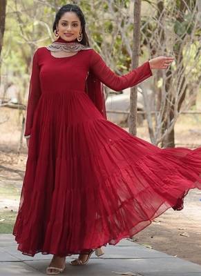 Maroon zari & sequins embroidered georgette Gown & dupatta 3