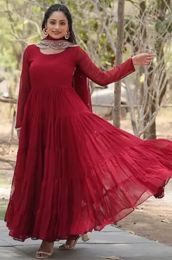 Maroon zari & sequins embroidered georgette Gown & dupatta