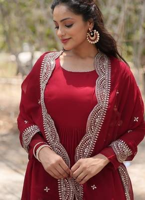 Maroon zari & sequins embroidered georgette Gown & dupatta 4