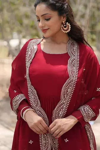Maroon zari & sequins embroidered georgette Gown & dupatta