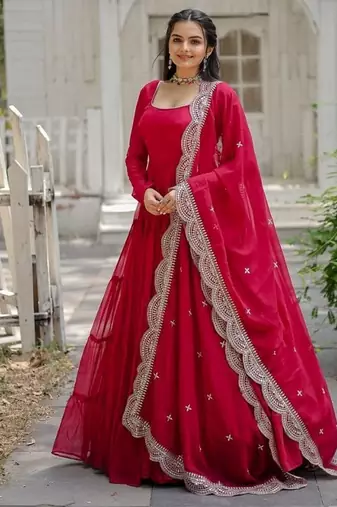 Pink zari & sequins embroidered georgette Gown & dupatta