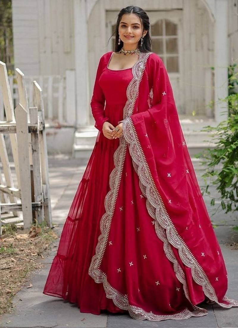 Pink zari & sequins embroidered georgette Gown & dupatta