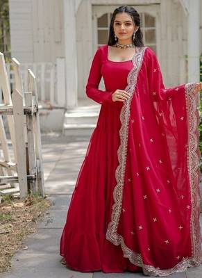 Pink zari & sequins embroidered georgette Gown & dupatta 2
