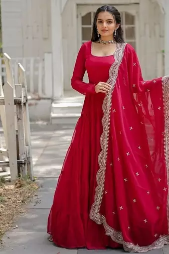 Pink zari & sequins embroidered georgette Gown & dupatta