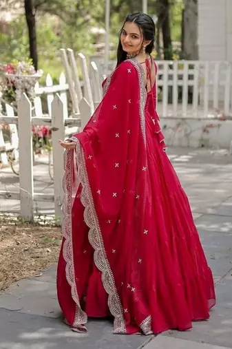 Pink zari & sequins embroidered georgette Gown & dupatta