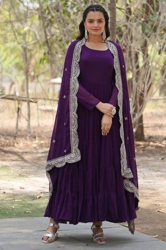 Purple zari & sequins embroidered georgette Gown & dupatta