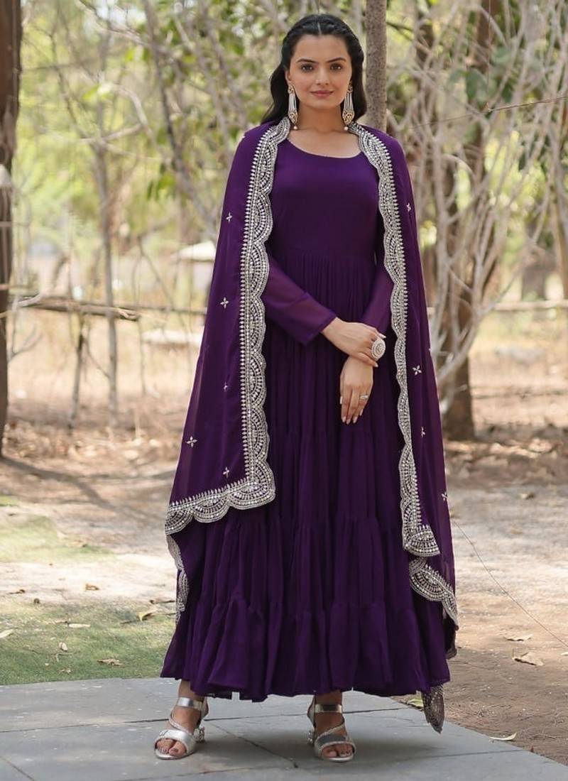Purple zari & sequins embroidered georgette Gown & dupatta
