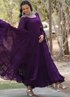 Purple zari & sequins embroidered georgette Gown & dupatta 3