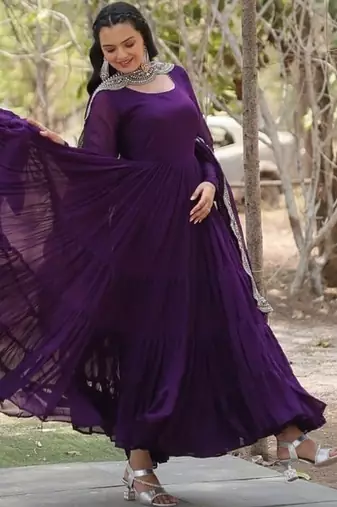 Purple zari & sequins embroidered georgette Gown & dupatta