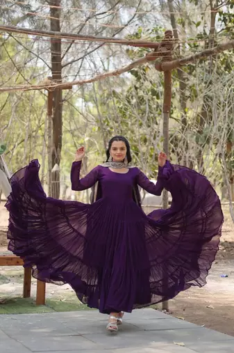 Purple zari & sequins embroidered georgette Gown & dupatta