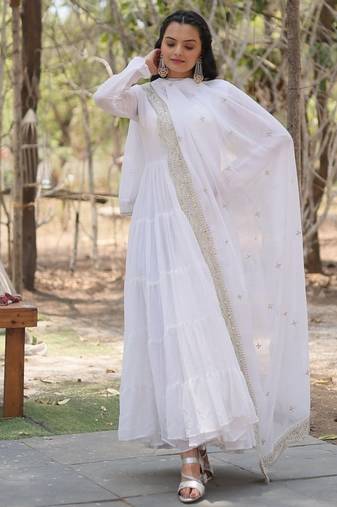White zari & sequins embroidered georgette Gown & dupatta