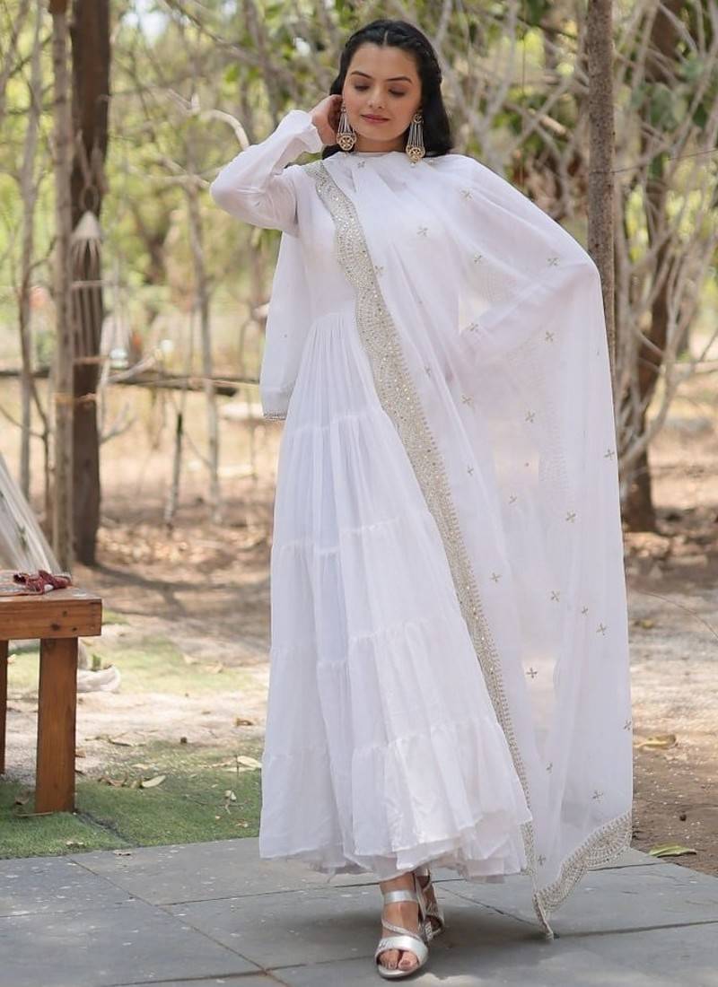 White zari & sequins embroidered georgette Gown & dupatta