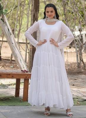 White zari & sequins embroidered georgette Gown & dupatta 2