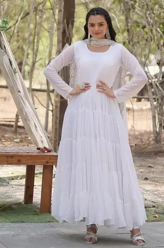 White zari & sequins embroidered georgette Gown & dupatta