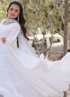 White zari & sequins embroidered georgette Gown & dupatta 3