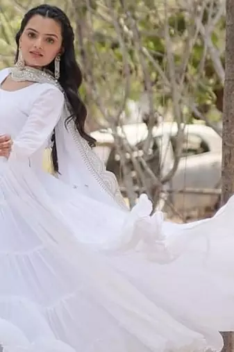 White zari & sequins embroidered georgette Gown & dupatta