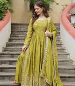 Green zari & sequins embroidered work chinon stitched kurta gown
