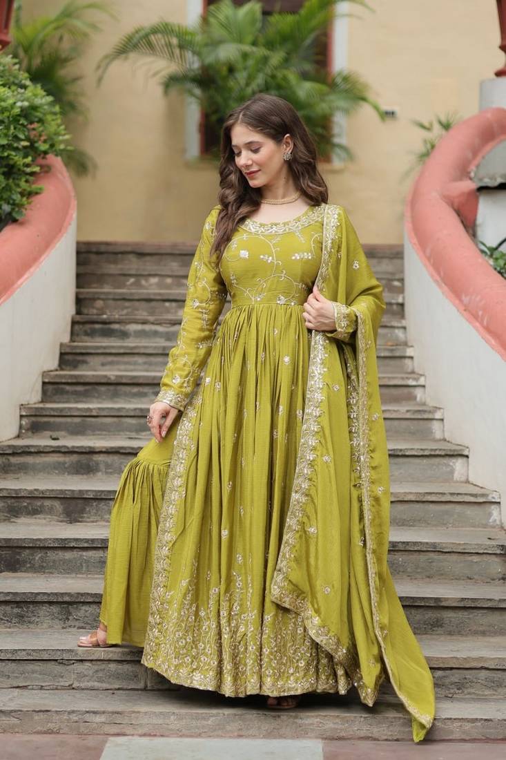 Green zari & sequins embroidered work chinon stitched kurta gown