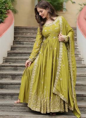 Green zari & sequins embroidered work chinon stitched kurta gown 2