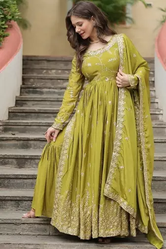 Green zari & sequins embroidered work chinon stitched kurta gown