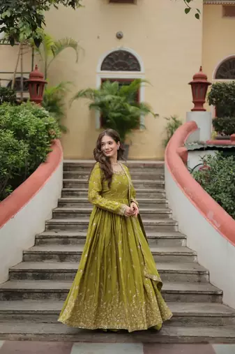Green zari & sequins embroidered work chinon stitched kurta gown